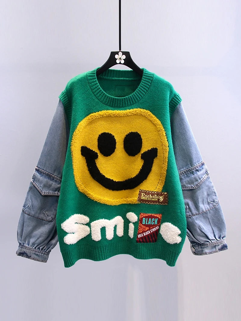 Just Smile Denim Patchwork Sweater