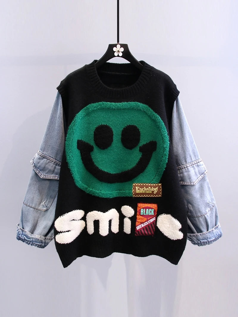 Just Smile Denim Patchwork Sweater