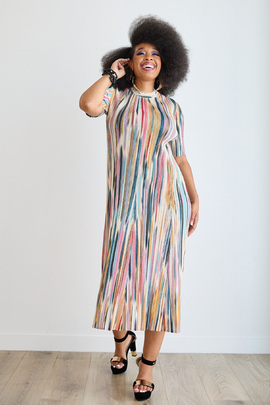 Lateefa Multi-Stripe Pleated Dress