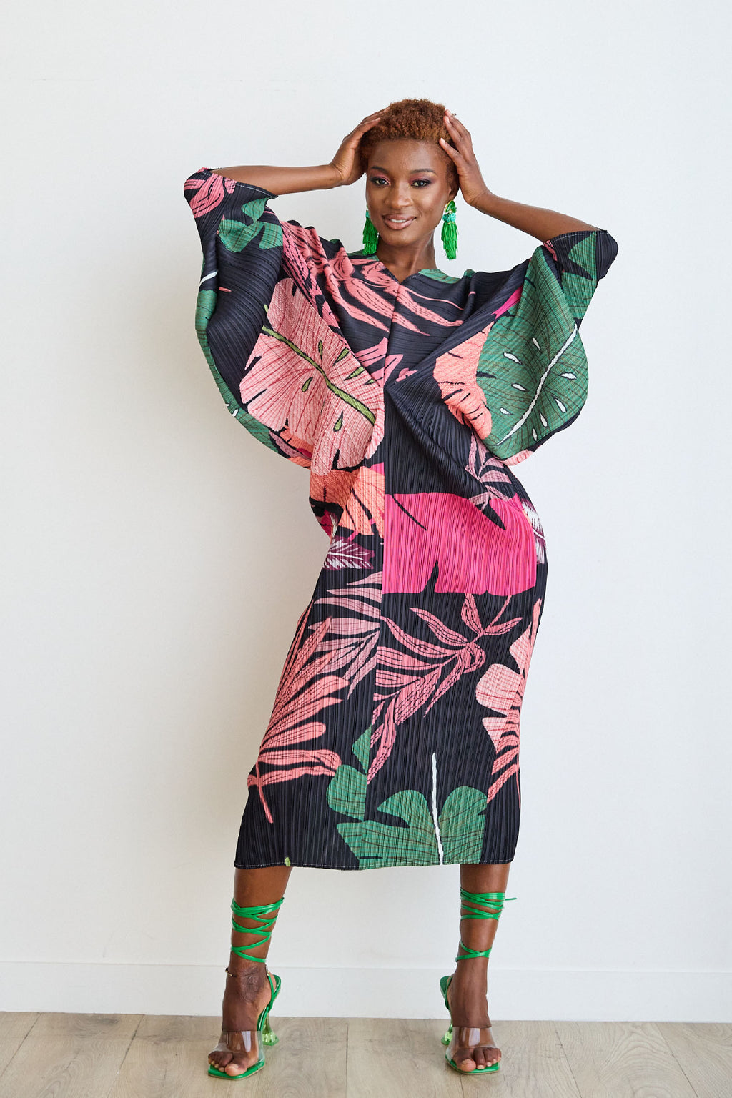 Mofe Leaf Print Pleated Dress