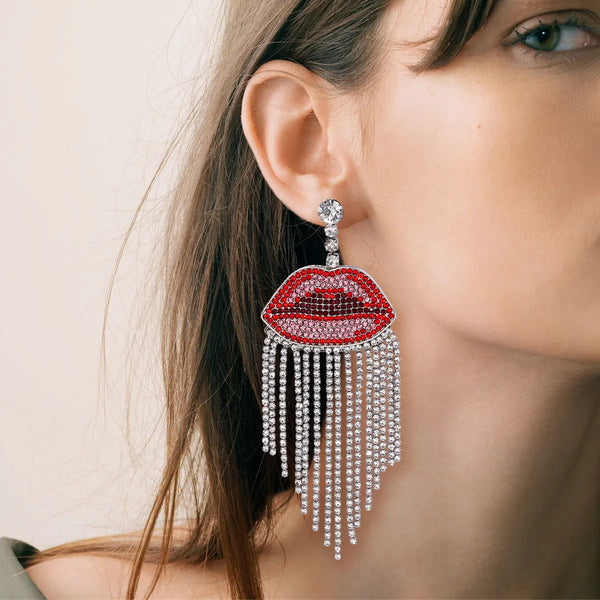 Sheila Red Lip Rhinestone Tassel Dangle Earrings
