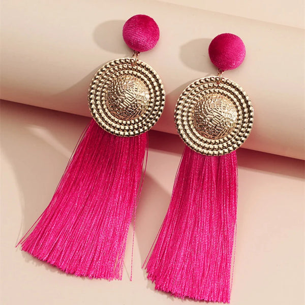 Ateema Boho Vintage Pink Tassel Drop Earrings