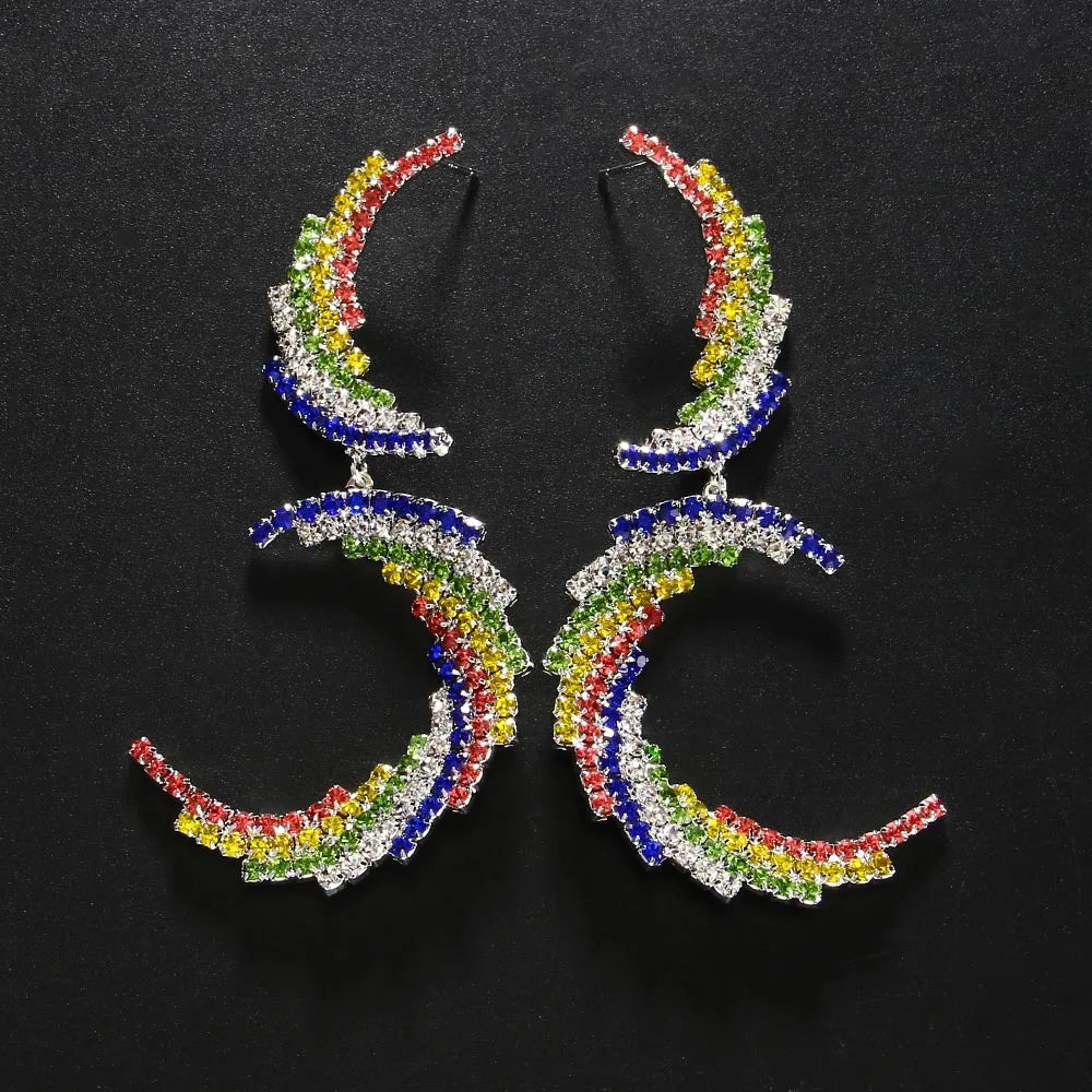 Tanya Double Crescent Rhinestone Dangle Earrings