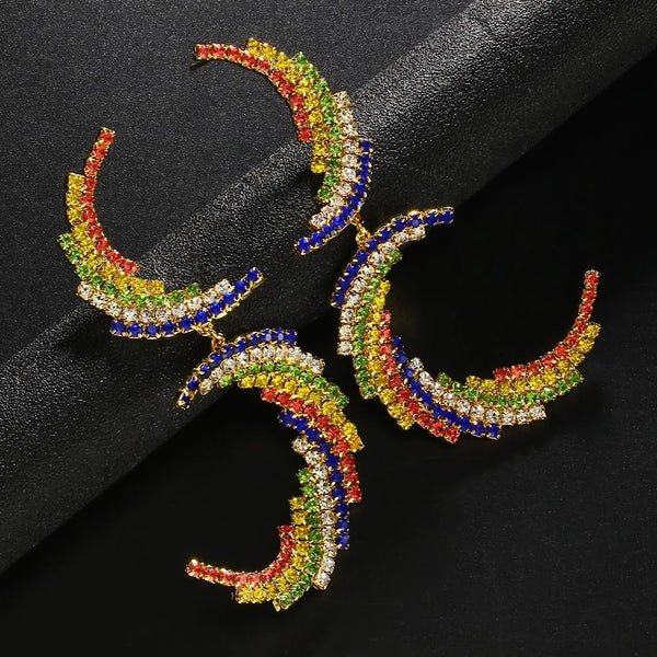 Tanya Double Crescent Rhinestone Dangle Earrings