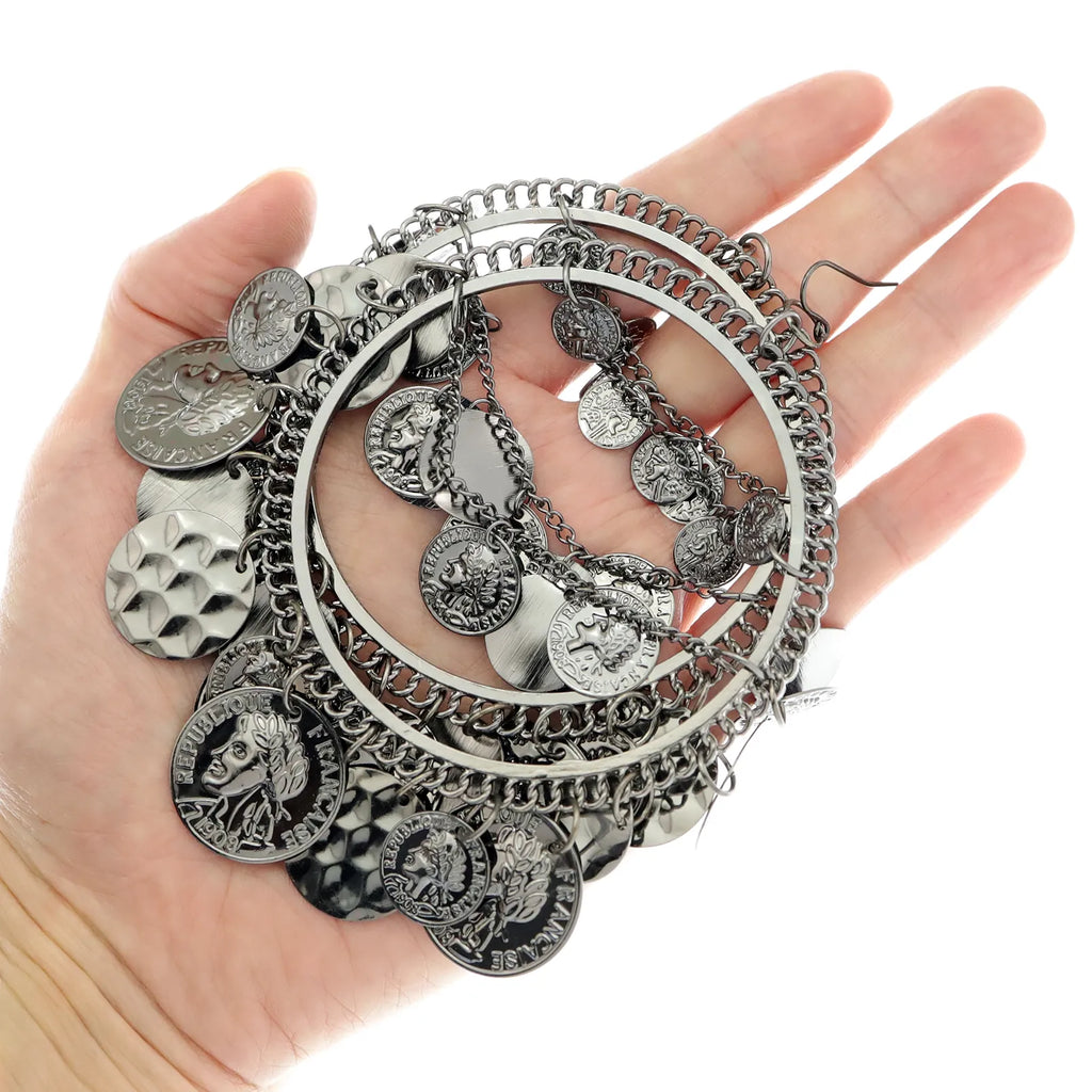Ola Vintage Tribal Coins Big Hoop Trendy Earrings
