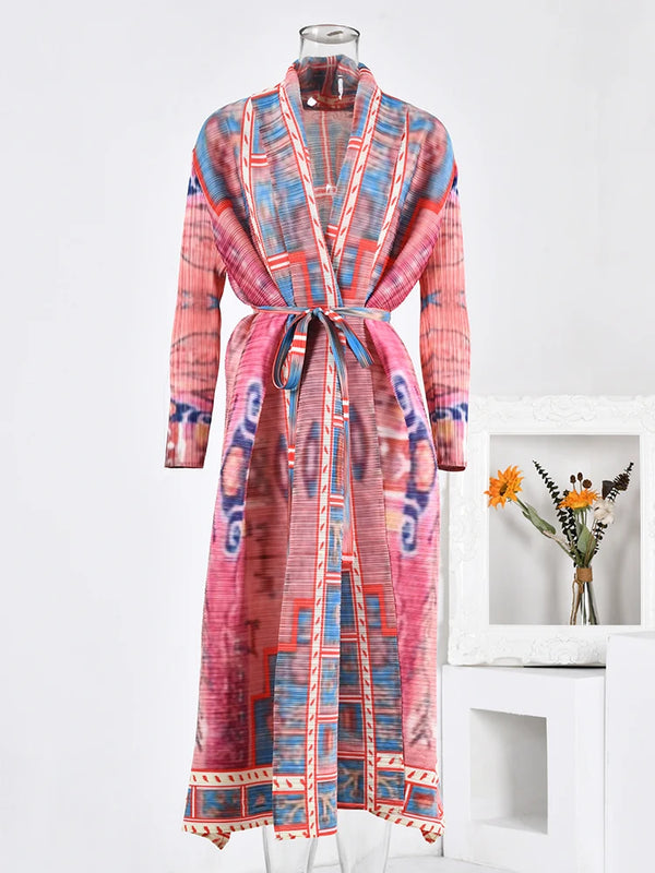 Ladi Retro Open Stitch Pleated Maxi Kimono