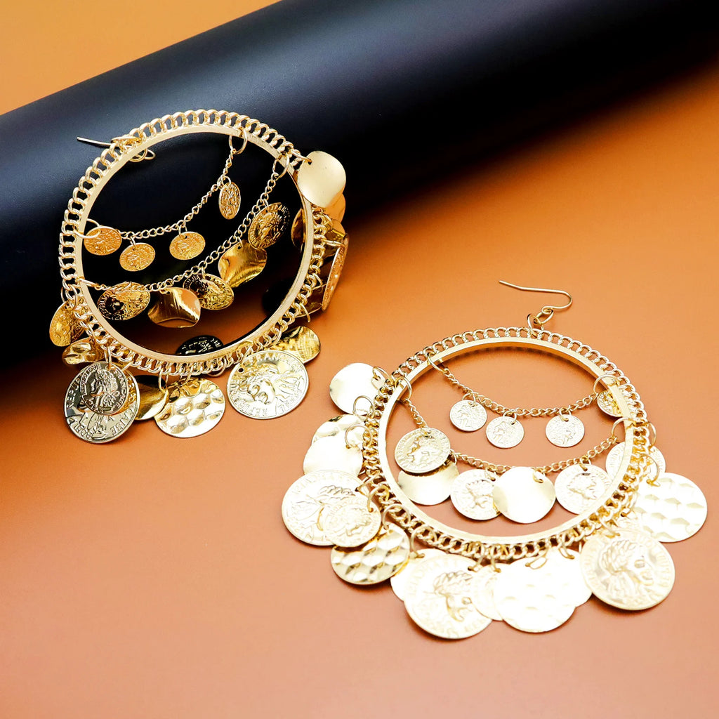 Ola Vintage Tribal Coins Big Hoop Trendy Earrings