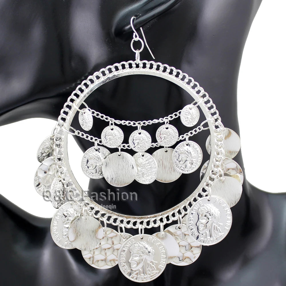 Ola Vintage Tribal Coins Big Hoop Trendy Earrings