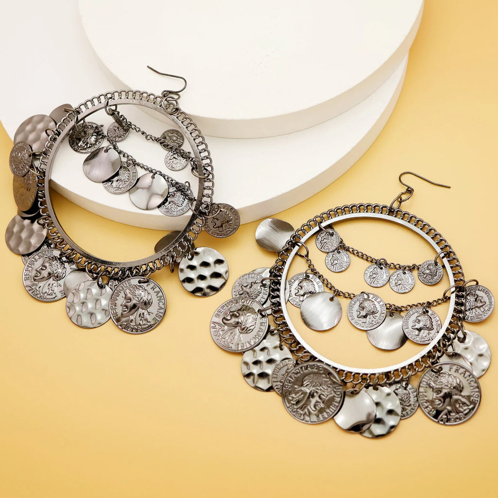 Ola Vintage Tribal Coins Big Hoop Trendy Earrings