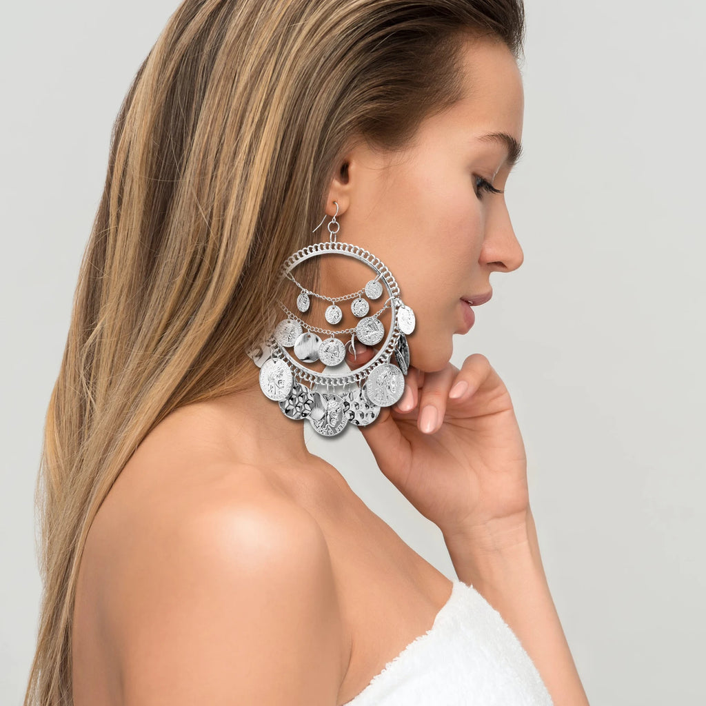Ola Vintage Tribal Coins Big Hoop Trendy Earrings