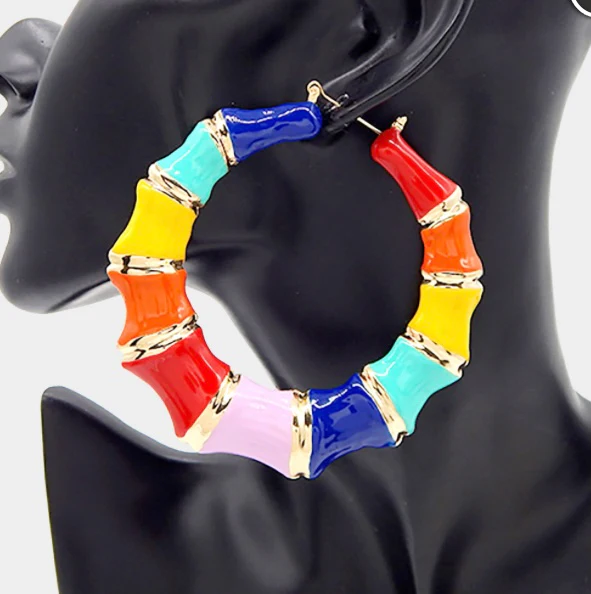 Soca 8cm Chunky  Enamel Bamboo Hoop Earrings