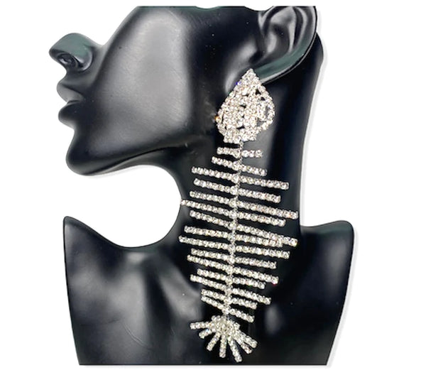 Noxie Maxi Rhinestone Fish Bone Statement Earrings