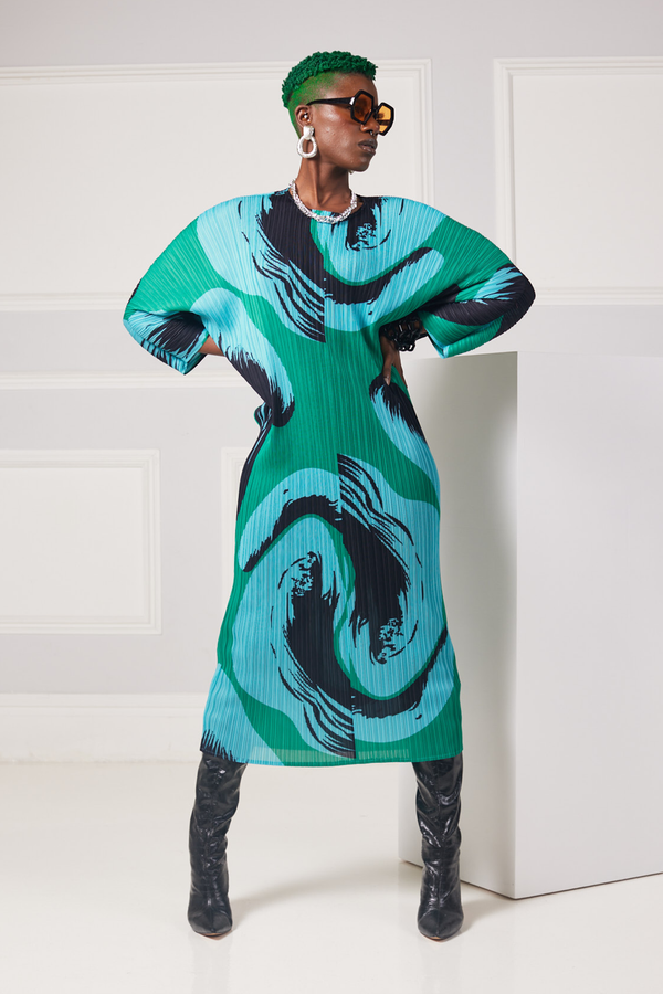 Sete Green Swish Pattern Pleated Dress