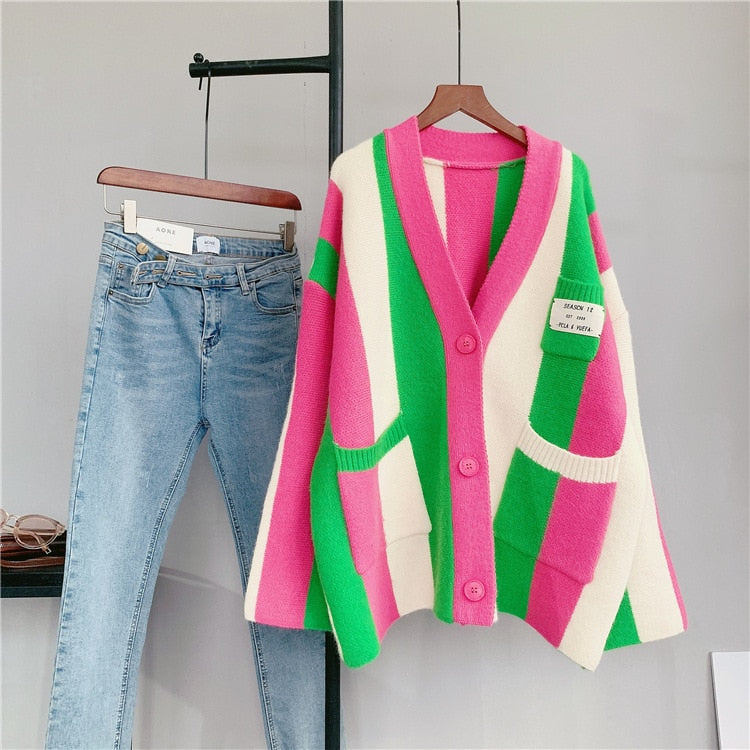 Nazleen Striped Loose Knitted Cardigan